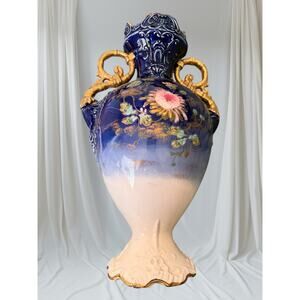 Antique Cobalt Blue Hand-Painted Floral Urn Vase, Gold Gilt Handles, 1890-1920